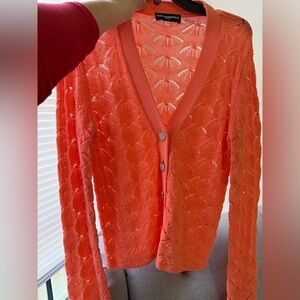 NWOT KARL LAGERFELD PARIS Women's Feather Fan Cardigan Coral Orange Size S